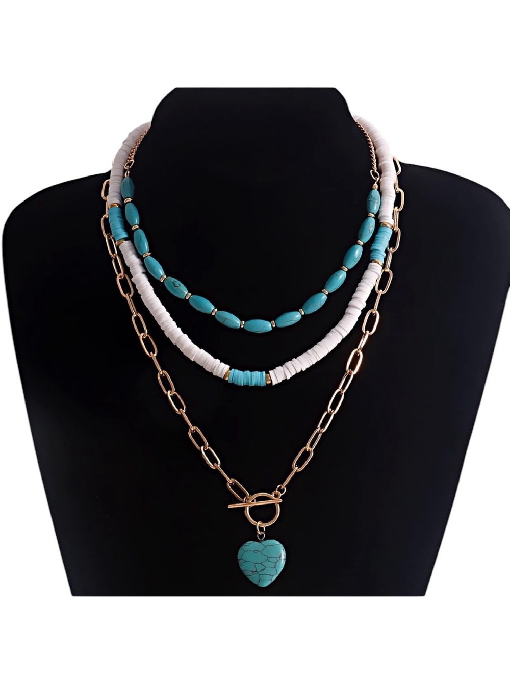 NWT Turquoise & White Layered Heart Pendant Necklace - Women Jewelry